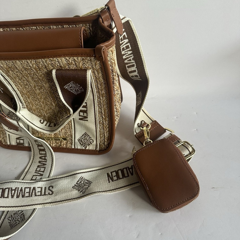 Steve Madden Bwebber Straw Satchel Crossbody Logo Bag Cognac 9" With Small Pouch - Picture 7 of 11